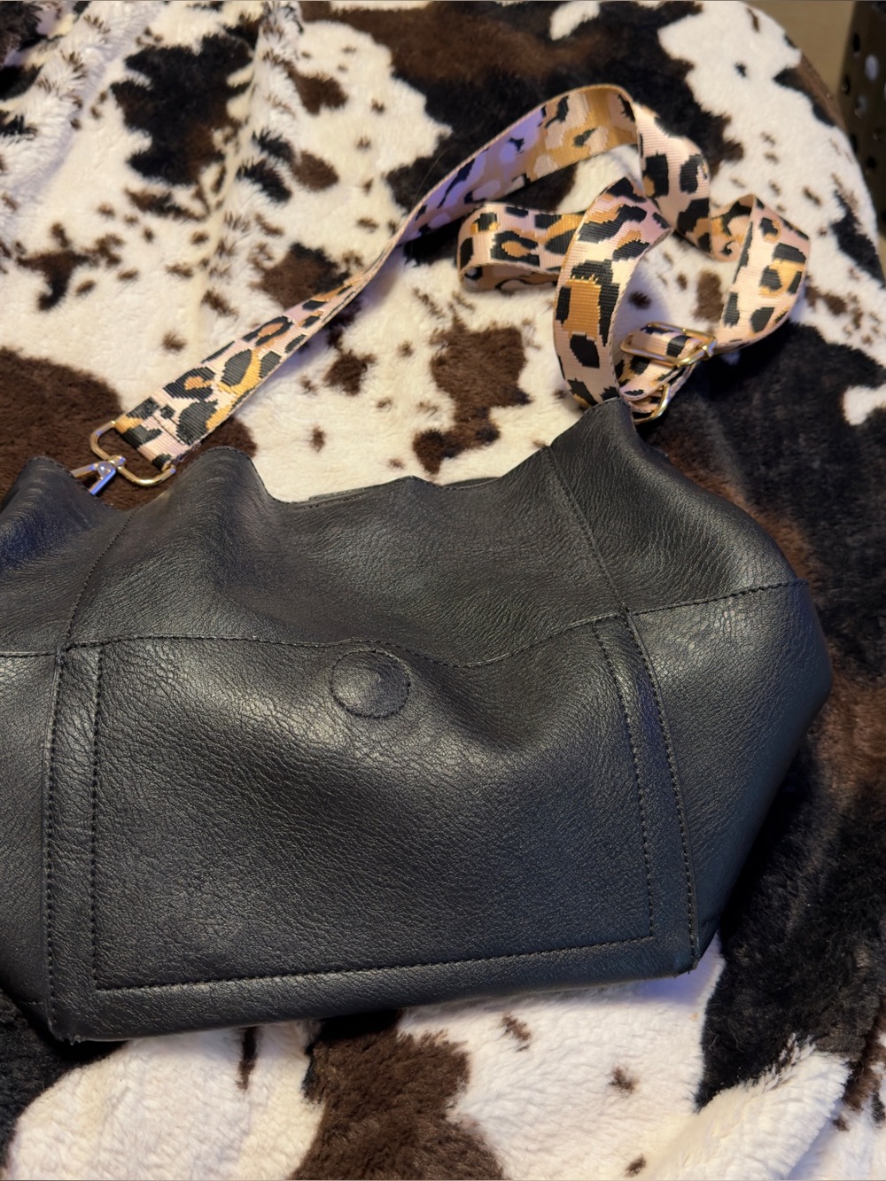 Black Leather Shoulder Bag with Leopard Strap